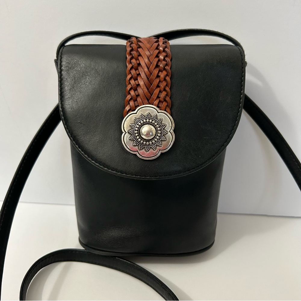 Brighton One World Black Leather Crossbody Bag with Braided Accent